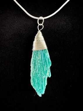 Handmade Pendant Necklace wrapped Raw kyanite of a stainless steal 16” chain